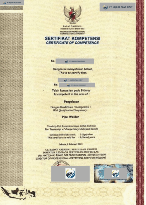 SERTIFIKAT WELDER BNSP SERTIFIKAT WELDER BNSP